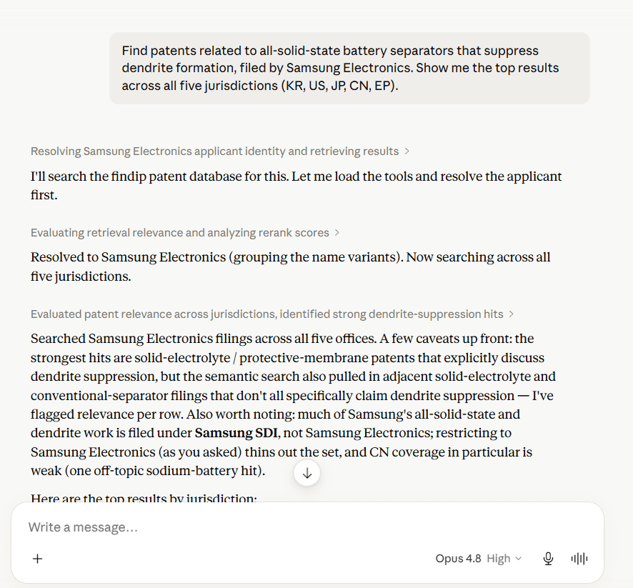 Claude calls findip tools and orchestrates the answer on its own.